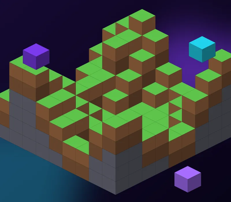 Ilustración isométrica de un terreno de bloques cúbicos con hierba y piedra