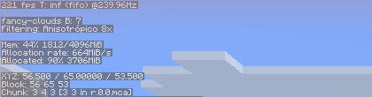 Pantalla F3 de Minecraft con la línea de FPS y las estadísticas del renderizador