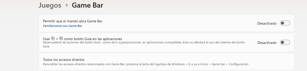 Configuración > Juegos > Game Bar con los interruptores de Win+G como botón Guía» class=»wp-image-105″/><figcaption class=