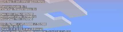 Pantalla F3 de Minecraft sin grabar, con 214 FPS