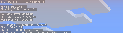 Pantalla F3 de Minecraft grabando un clip con la Game Bar, con 230 FPS
