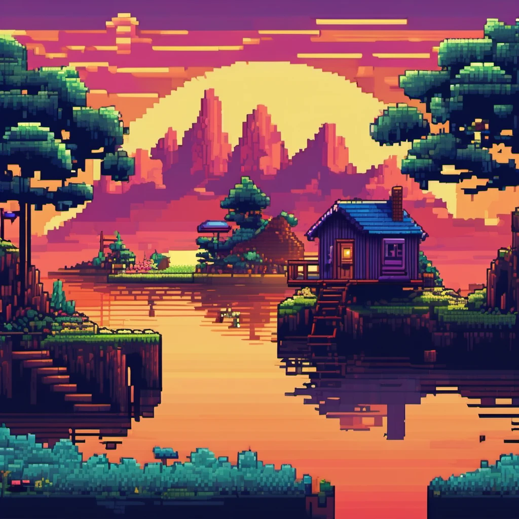 Imagen generada con Stable Diffusion XL: paisaje de islas flotantes con una cabaña de madera al atardecer, estilo pixel art