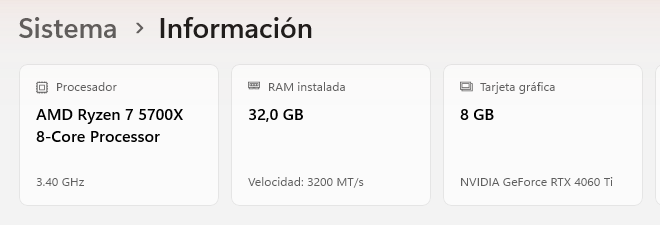 Pantalla Sistema > Información de Windows 11 con 32 GB de RAM instalada» class=»wp-image-66″/><figcaption class=