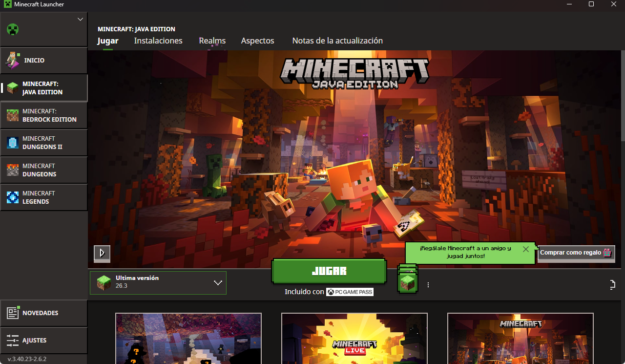 Minecraft Launcher con Minecraft: Java Edition seleccionado en la columna izquierda y la pestaña Jugar abierta