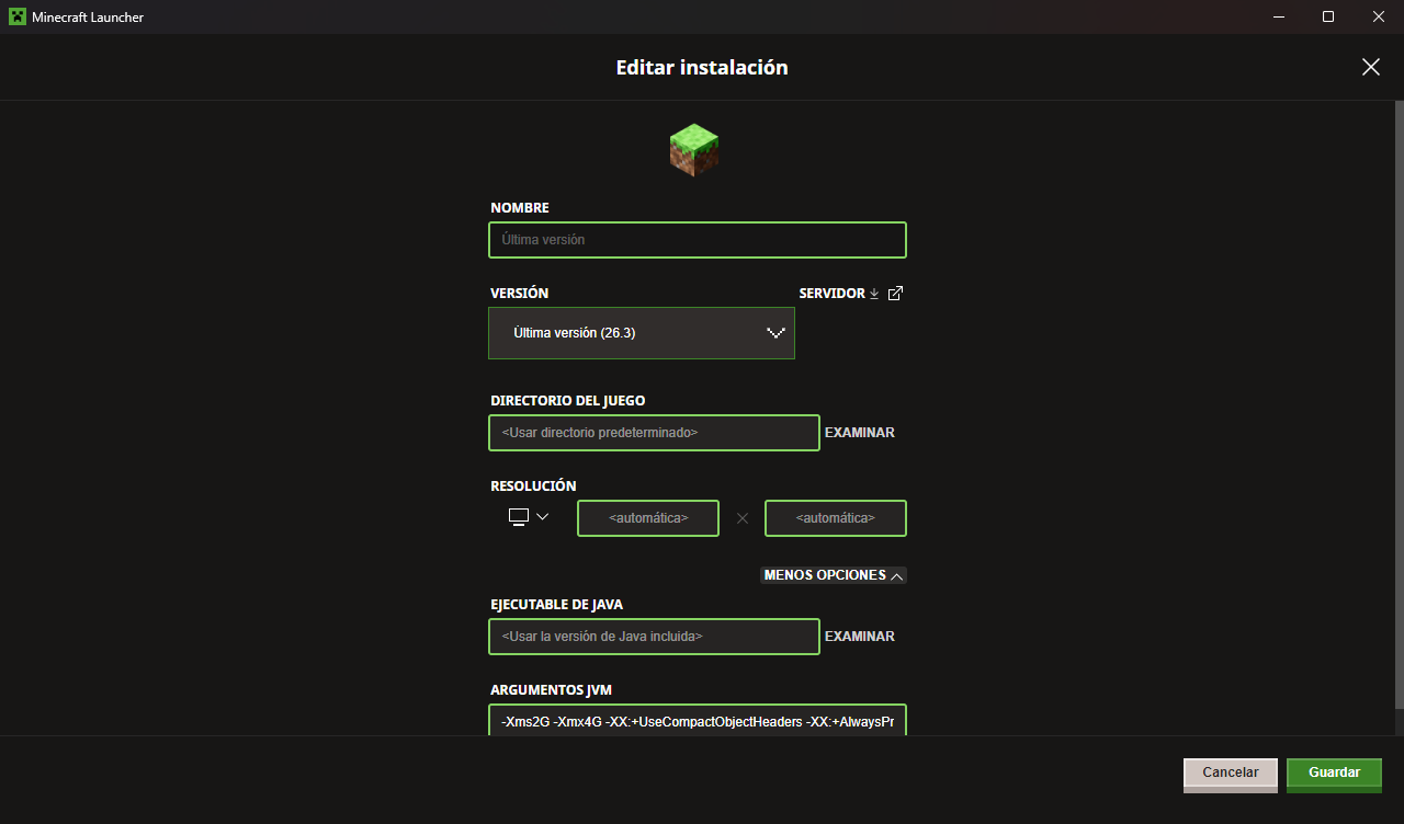 Pantalla Editar instalación del launcher con Más opciones desplegado y el campo Argumentos JVM con -Xmx4G