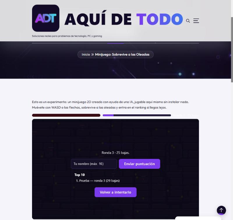 Pantalla de fin de partida con el ranking de puntuaciones