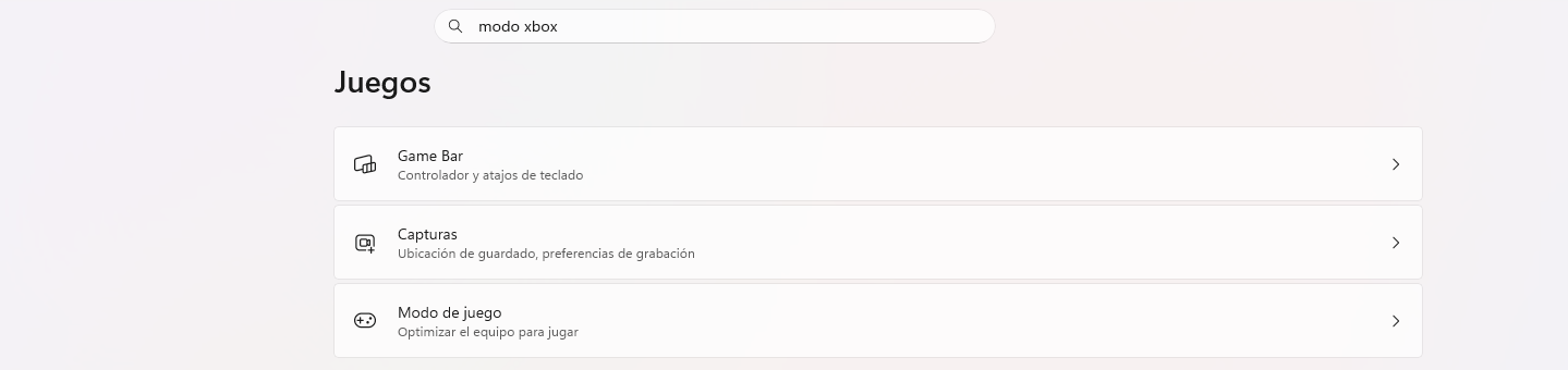 Configuración de Windows 11, sección Juegos, sin ninguna opción de Modo Xbox