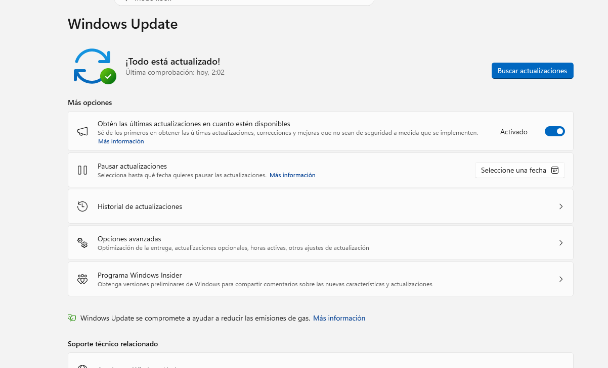 Windows Update mostrando que el sistema está completamente actualizado