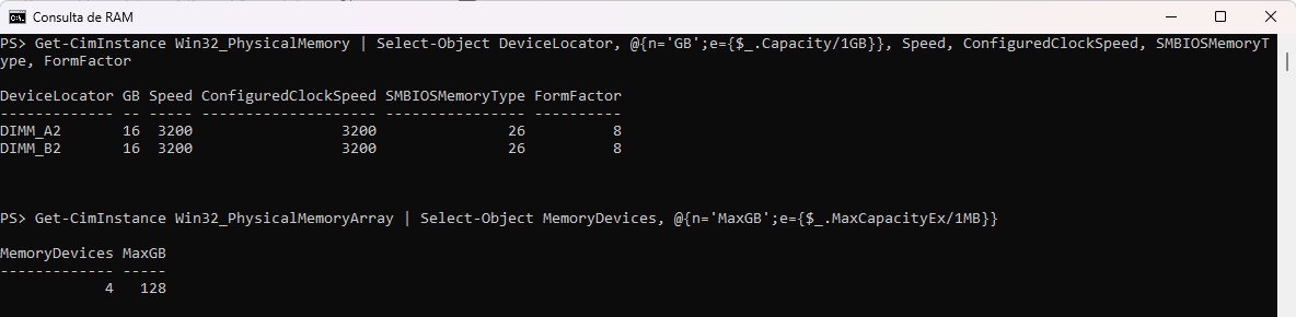 Consola de PowerShell con la lista de módulos de RAM: ubicación, capacidad, velocidad, tipo y formato