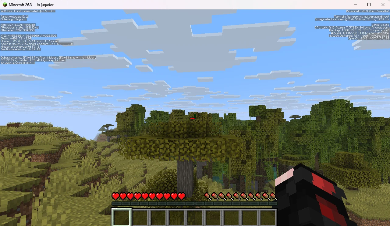 Pantalla F3 de Minecraft 26.3 vanilla con 762 FPS y la escena de prueba