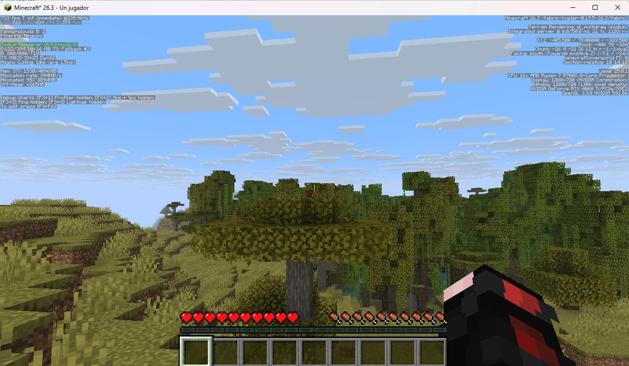 Pantalla F3 de Minecraft 26.3 con Sodium 0.9.2 y 733 FPS