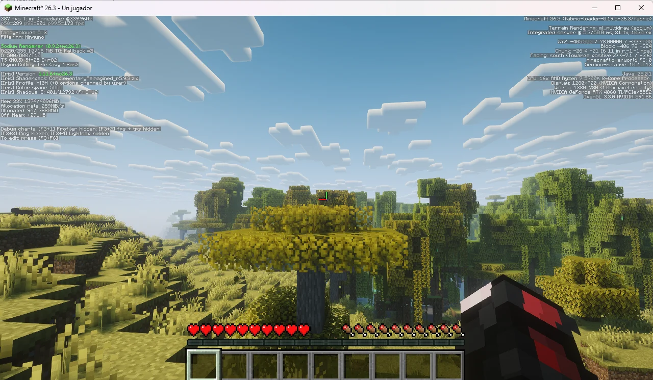 Pantalla F3 de Minecraft 26.3 con Iris y el pack Complementary Reimagined a 287 FPS