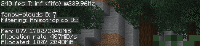 Pantalla F3 de Minecraft con -Xmx2G: Mem 87% 1782/2048MiB y Allocated 100% 2048MiB