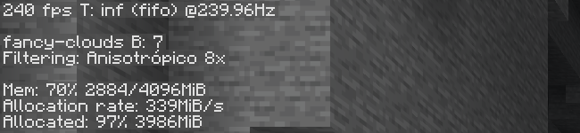 Pantalla F3 de Minecraft con -Xmx4G: Mem 70% 2884/4096MiB y Allocated 97% 3986MiB