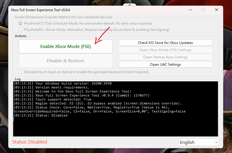 Ventana de Xbox Full Screen Experience Tool con el botón Enable Xbox Mode y el registro de compatibilidad