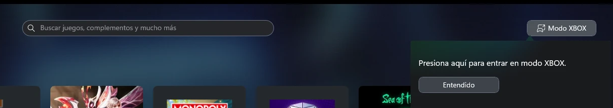Parte superior de la app Xbox con el botón Modo XBOX y el aviso para entrar